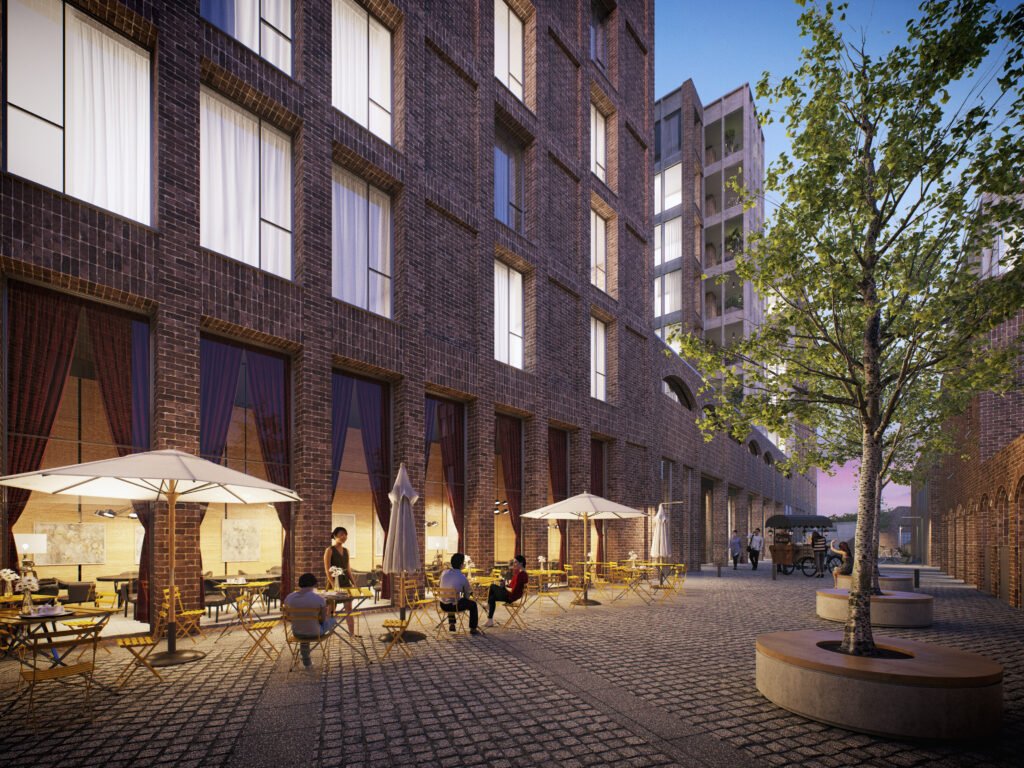 Parkhaus London E5 Hackney Courtyard Restaurant Al Fresco Dining Evening Render