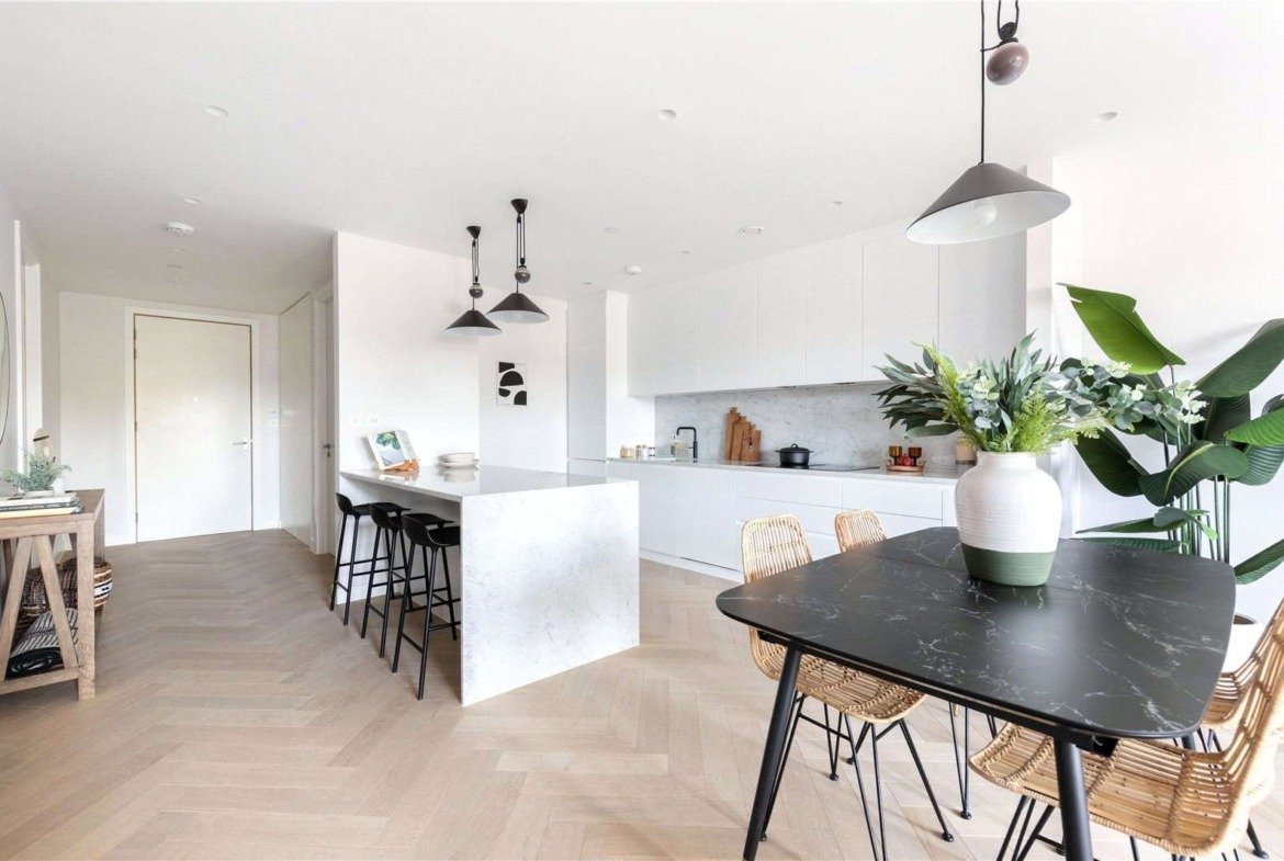 Parkhaus London E5 Hackney Kitchen Marble Island Herringbone Floor Dining Area