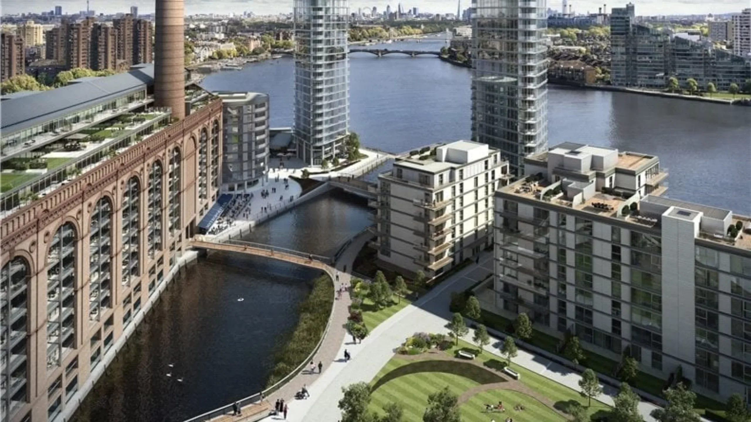 Powerhouse Chelsea Waterfront Chelsea London Sw10 0sw Aerial View Creek Towers Thames Albert Bridge Cgi