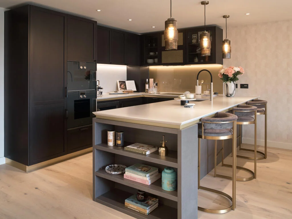 Powerhouse Chelsea Waterfront Chelsea London Sw10 0sw Luxury Kitchen Island Dark Cabinets Brass Bar Stools