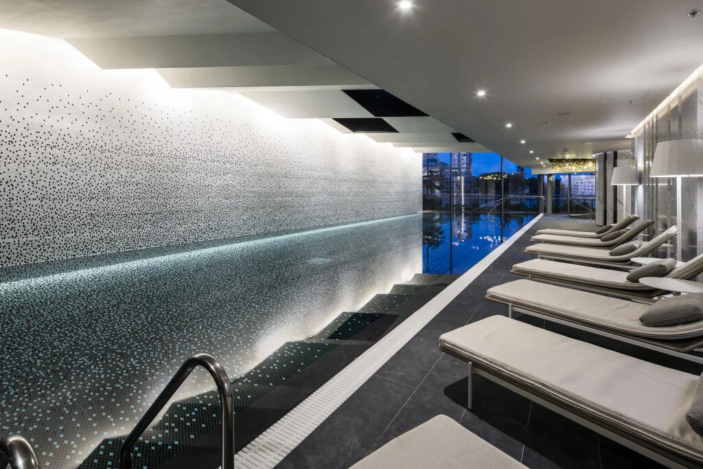 Powerhouse Chelsea Waterfront Chelsea London Sw10 0sw Residents Wellness Pool Mosaic Tile Sun Loungers Night