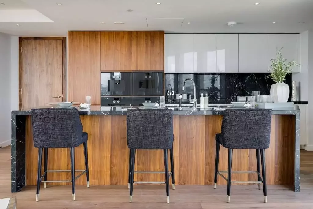 Powerhouse Chelsea Waterfront Designer Kitchen Marble Island Walnut Cabinetry London Sw10