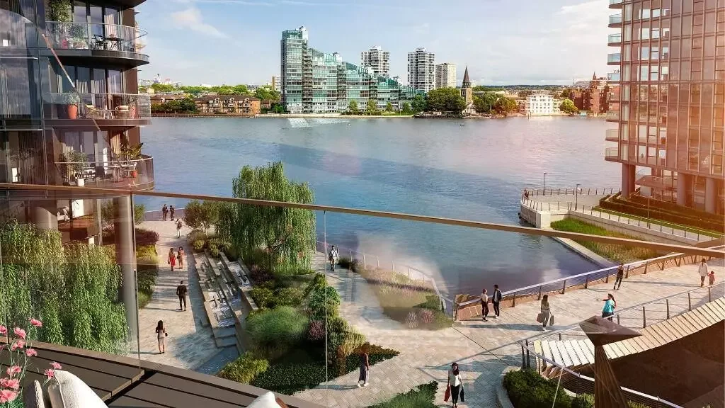 Powerhouse Chelsea Waterfront Lots Road Chelsea Sw10 0qd Chelsea Waterfront Tower Landscaped Public Realm Cgi