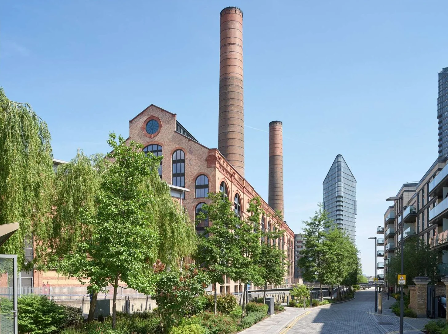 Powerhouse Chelsea Waterfront Lots Road Power Station Street View Chimneys Trees London Sw10