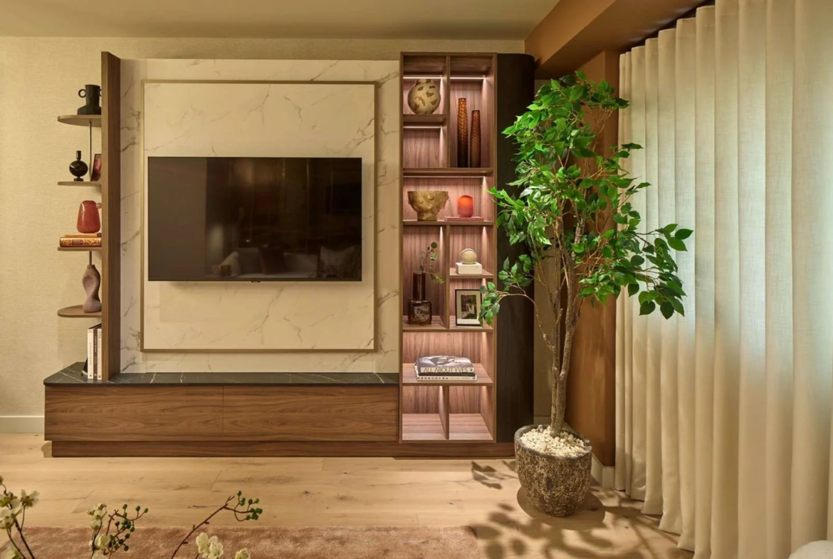 Powerhouse Chelsea Waterfront Sw10 0qd Living Room Marble Tv Wall Walnut Shelving London