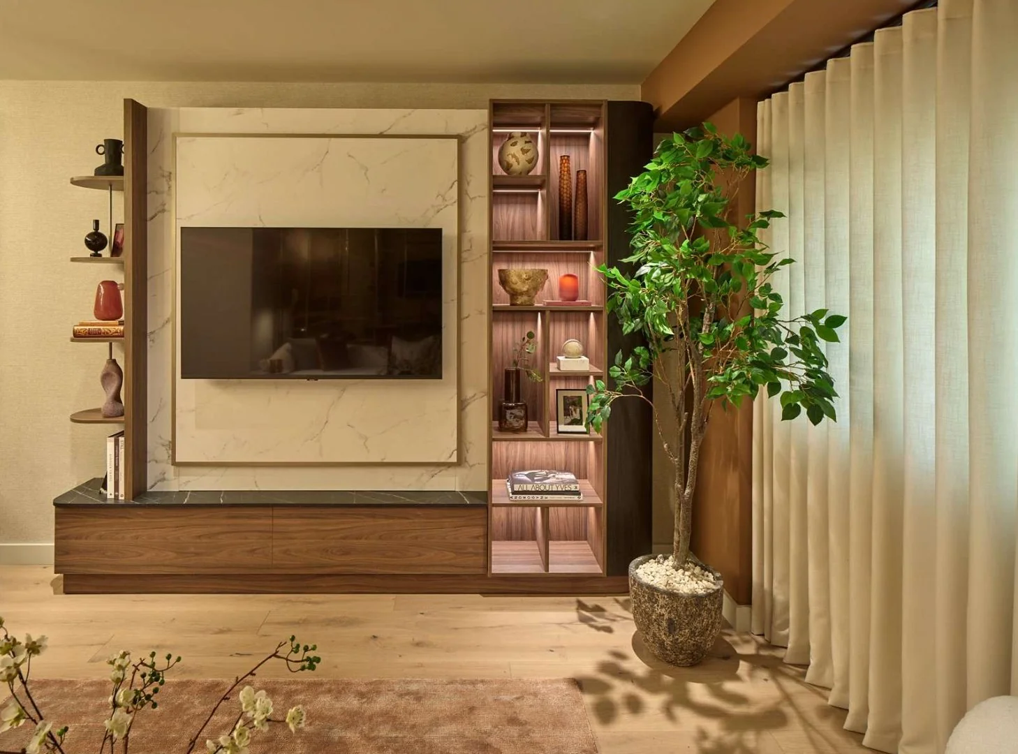 Powerhouse Chelsea Waterfront Sw10 0qd Living Room Marble Tv Wall Walnut Shelving London