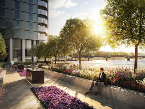 Powerhouse Chelsea Waterfront Sw10 0qd Riverside Promenade Flowerbeds Thames Views London