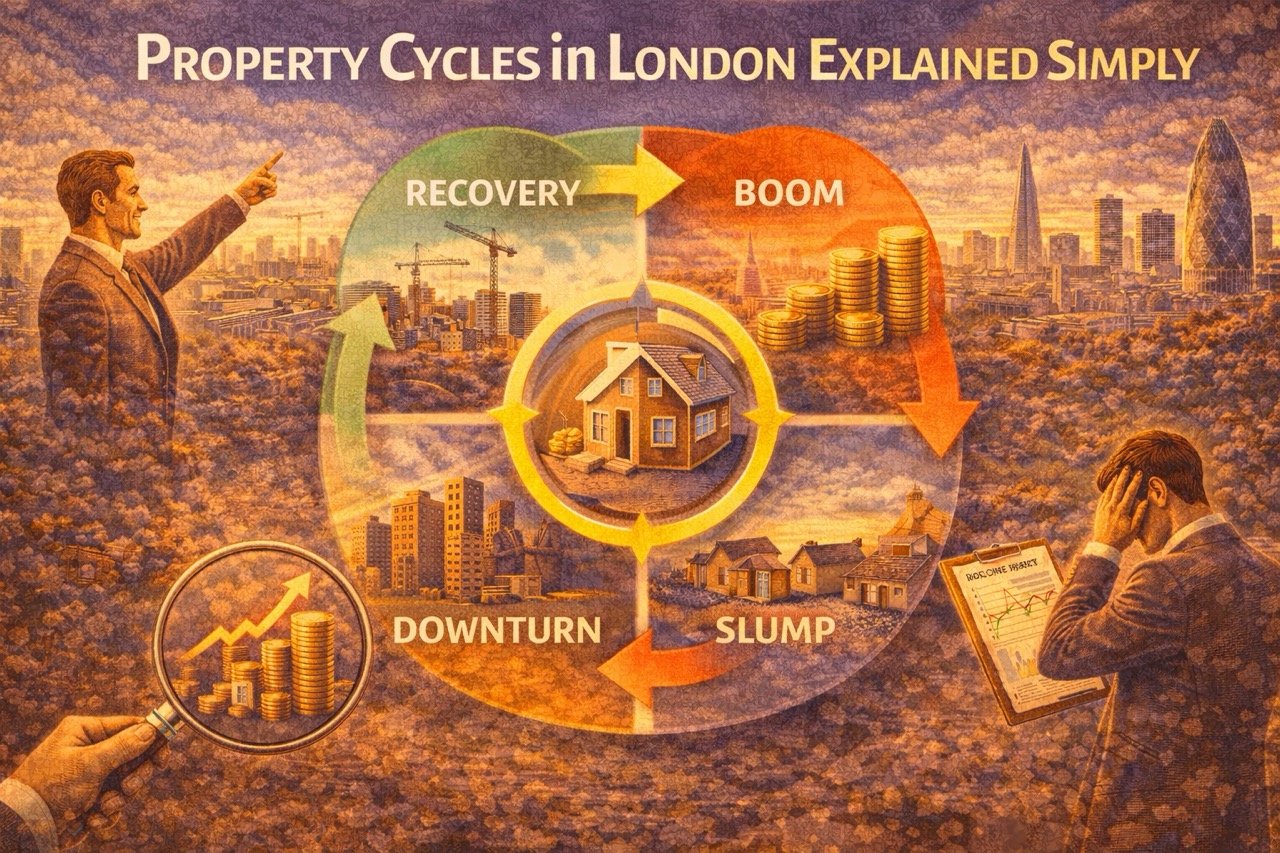 property cycles in London explained simply showing recovery boom downturn and slump phases illustration