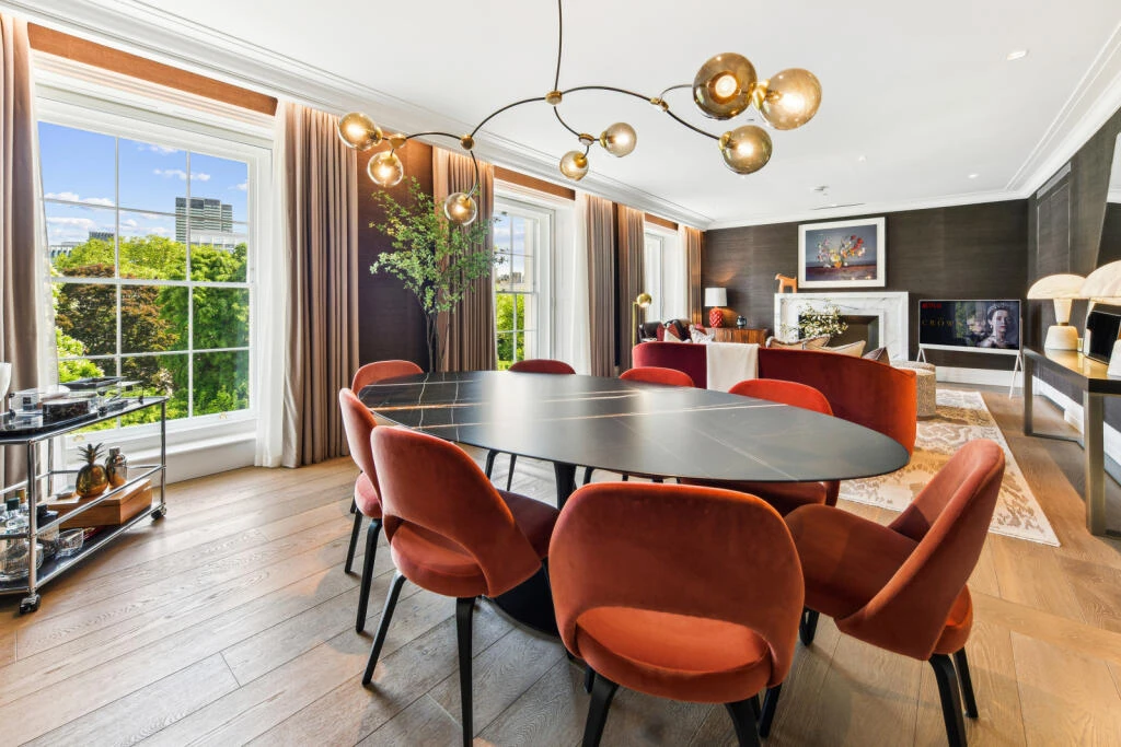 Regents Crescent Park Crescent Dining Room Terracotta Velvet Chairs Brass Pendant