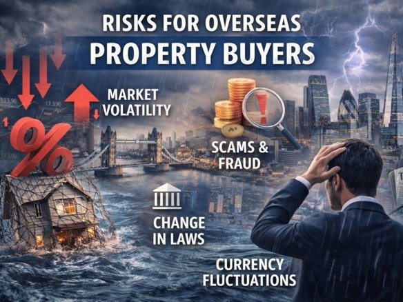 Risks for overseas property buyers including market volatility, currency fluctuations, legal changes and fraud in real estate investment