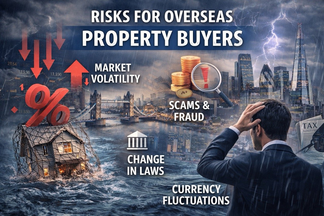 Risks for overseas property buyers including market volatility, currency fluctuations, legal changes and fraud in real estate investment