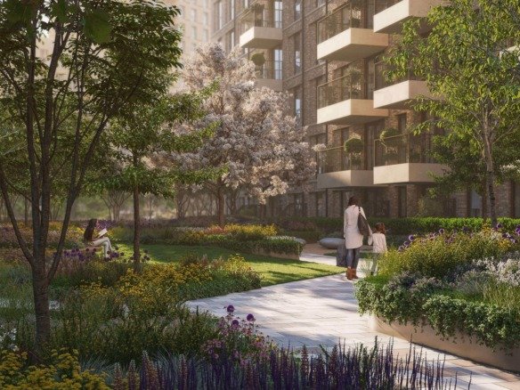 Silkstream London modern apartments with landscaped gardens, green spaces and residents enjoying outdoor courtyard areas