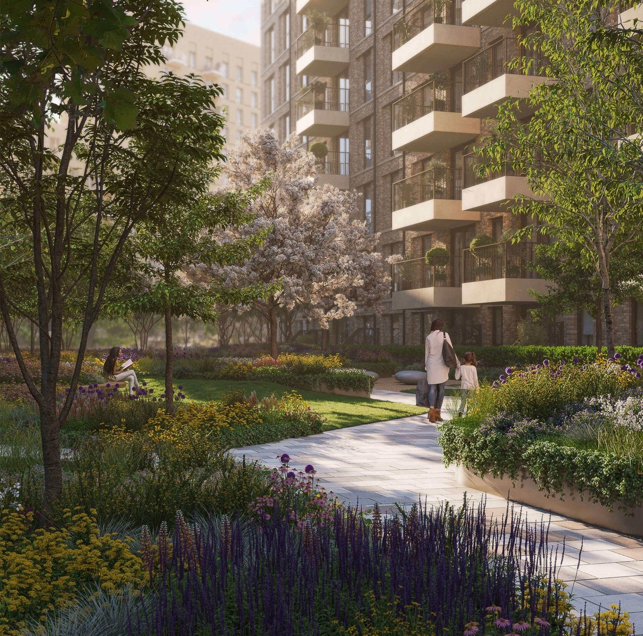 Silkstream London modern apartments with landscaped gardens, green spaces and residents enjoying outdoor courtyard areas