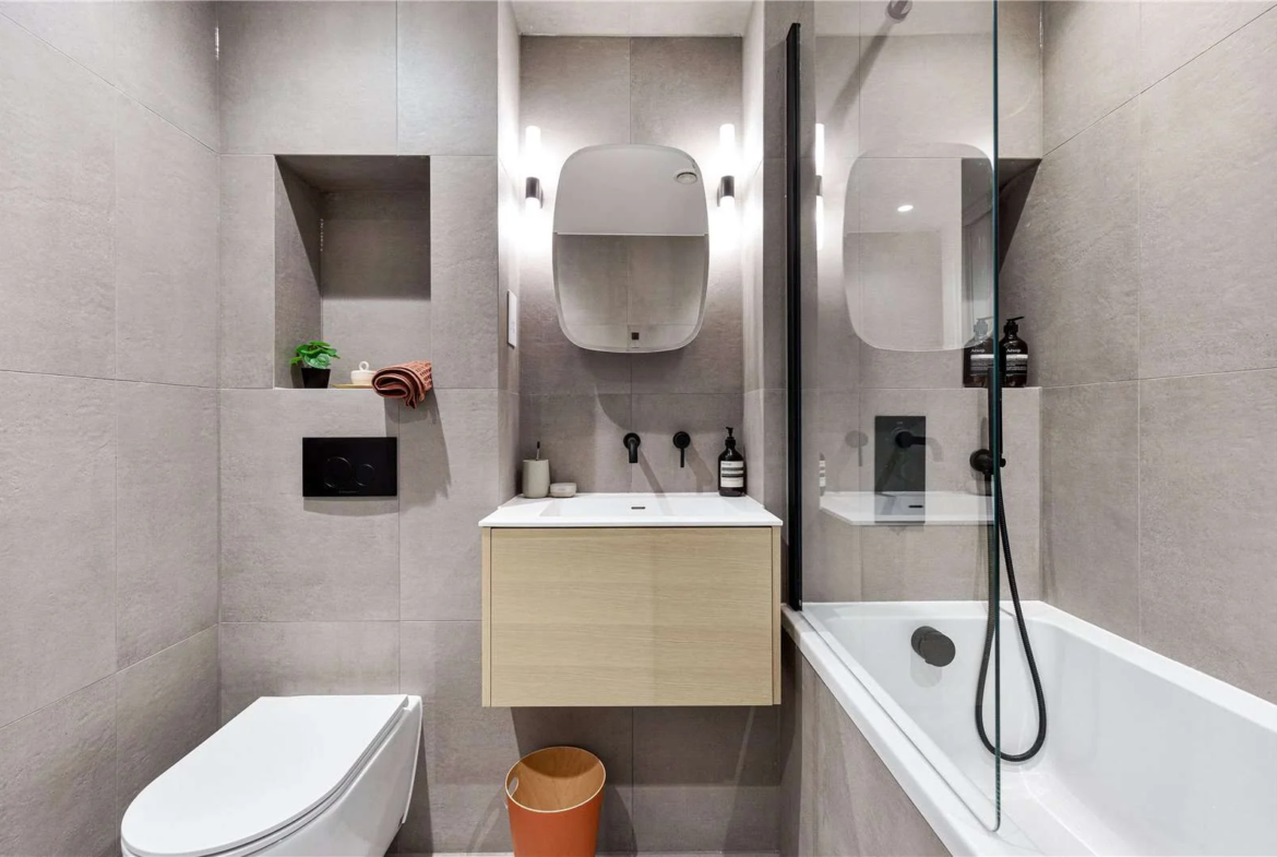 Smokehaus Bayford Street E8 3se Bathroom Bath Black Fittings Concrete Tiles Hackney