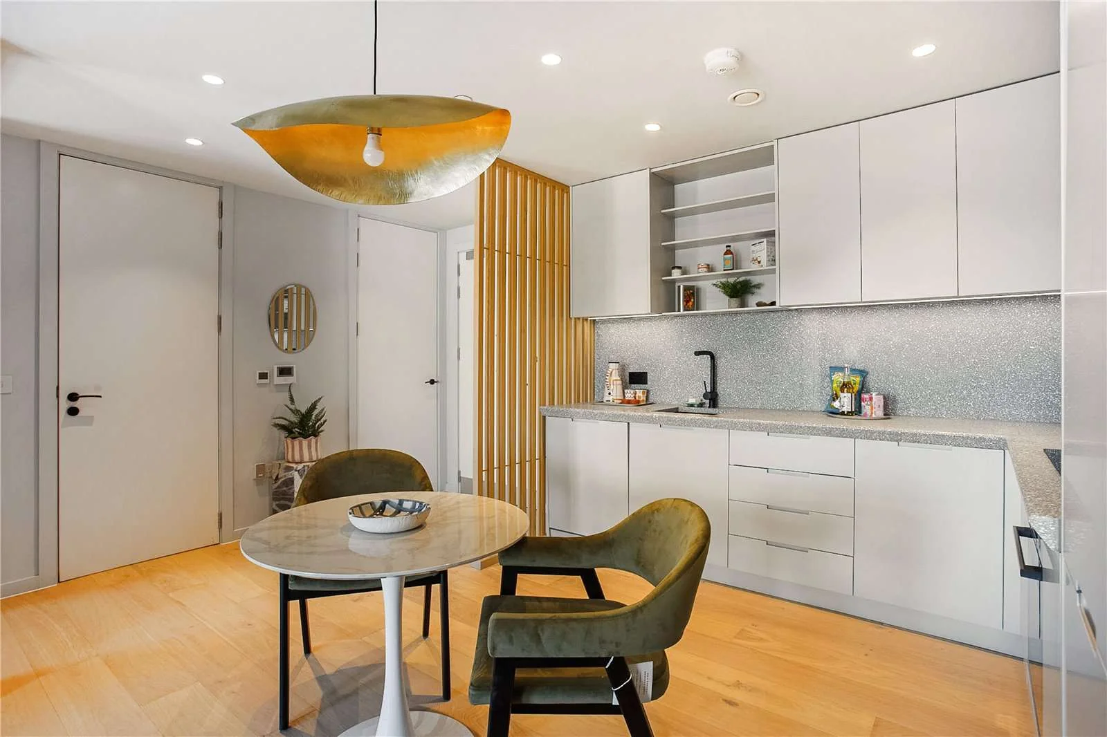 Smokehaus Bayford Street E8 3se Open Plan Kitchen Dining Terrazzo Worktop Wood Slat Divider