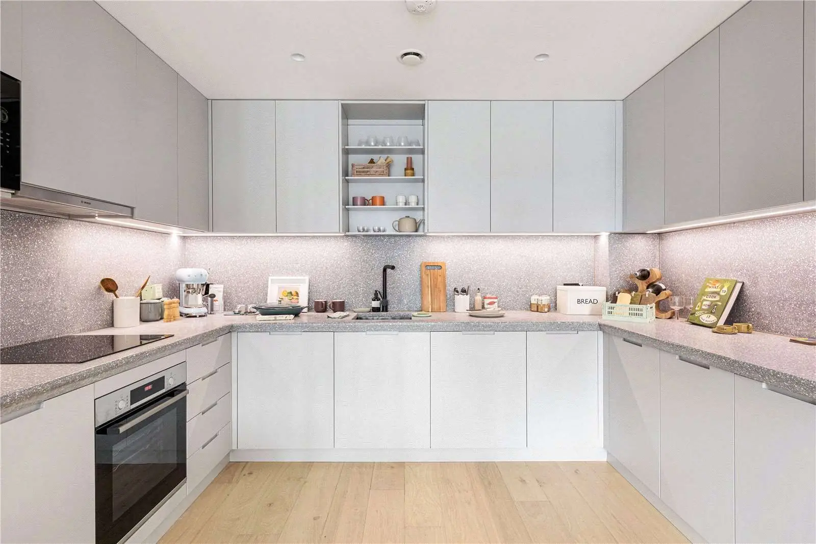 Smokehaus London Fields E8 Modern Kitchen Terrazzo Worktop Bosch Appliances