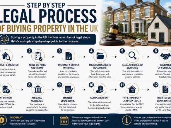 Step by step legal process of buying property in the UK showing conveyancing steps, solicitor role and completion process