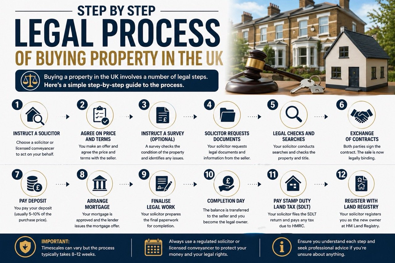 Step by step legal process of buying property in the UK showing conveyancing steps, solicitor role and completion process