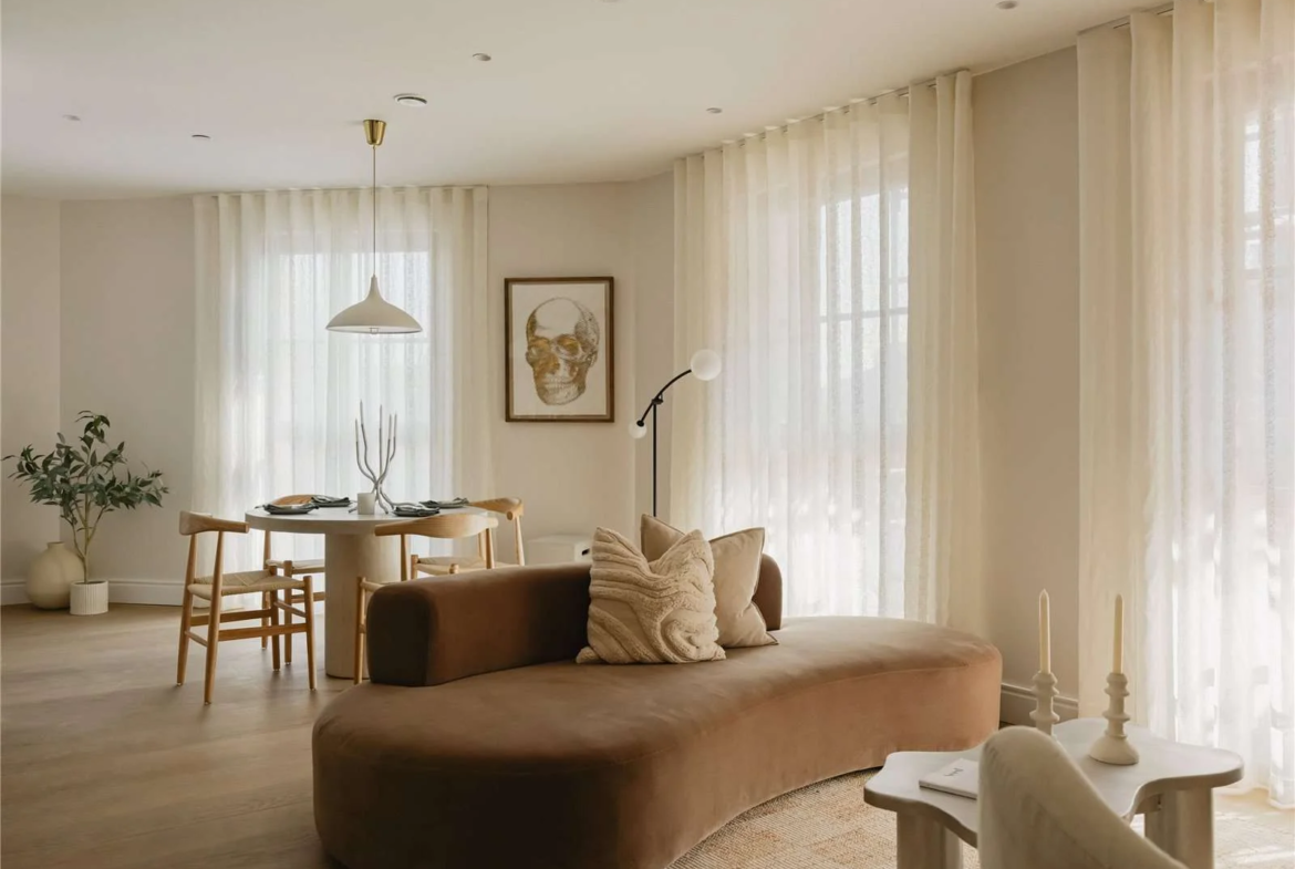 The Langdon 35 Byron Street E14 London Bright Living Room Curved Sofa Floor To Ceiling Windows 2 Bedroom