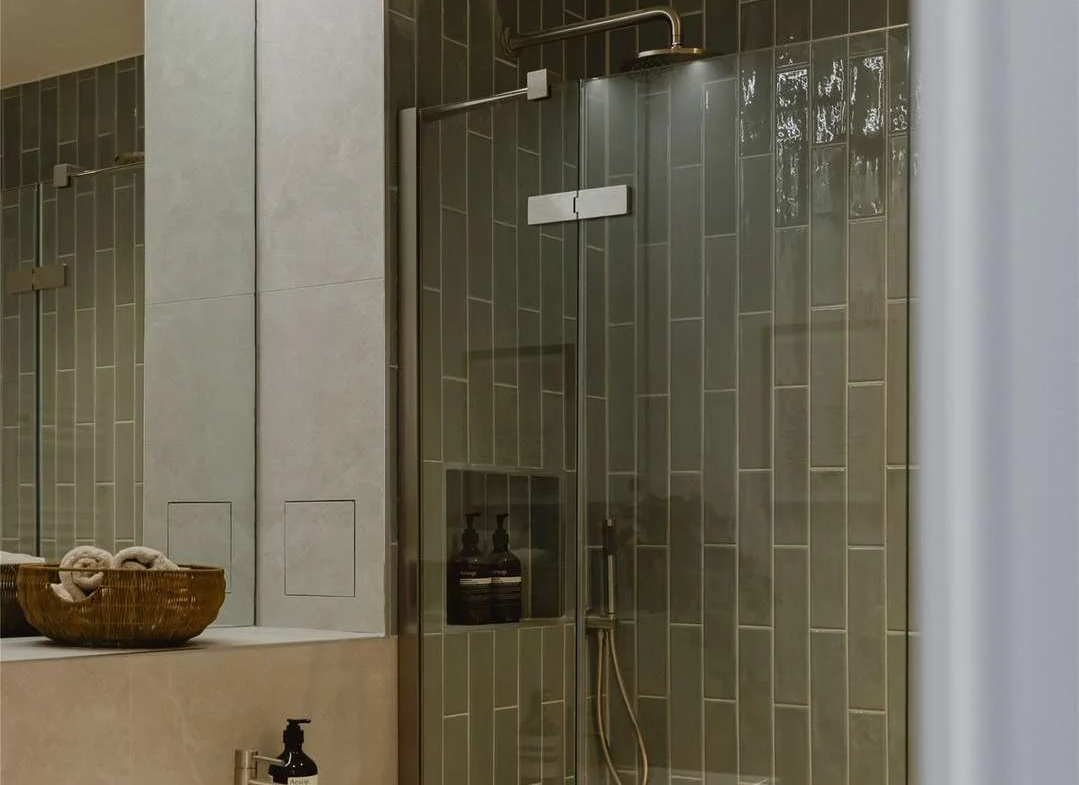 The Langdon 35 Byron Street E14 London Ensuite Bathroom Green Tiles Gold Shower Head Development