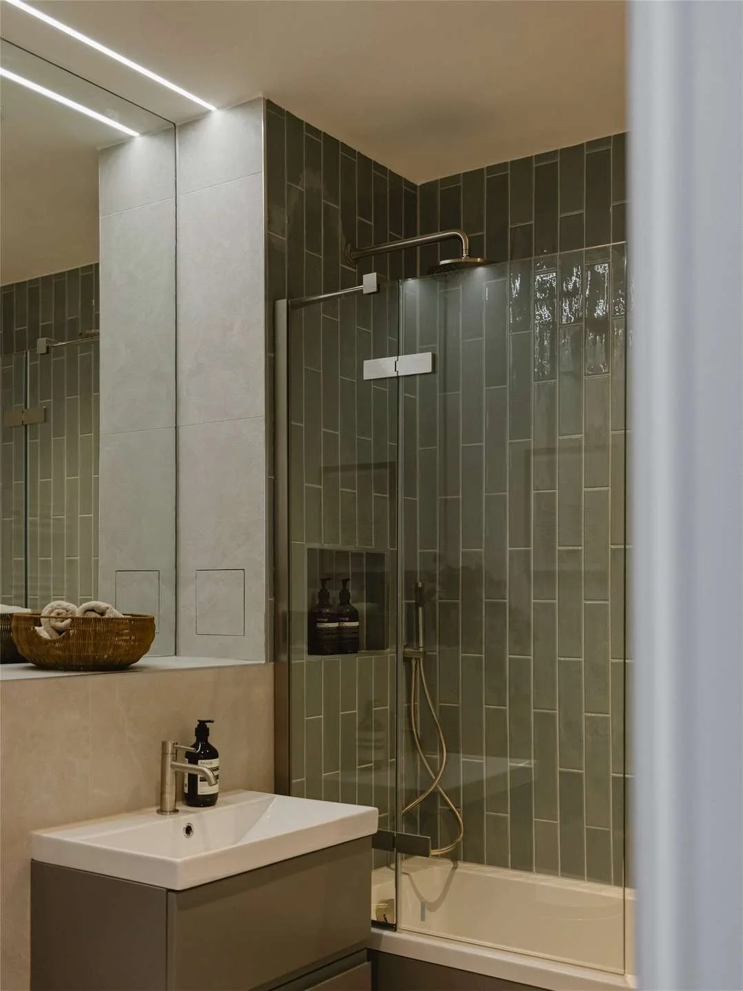 The Langdon 35 Byron Street E14 London Ensuite Bathroom Green Tiles Gold Shower Head Development
