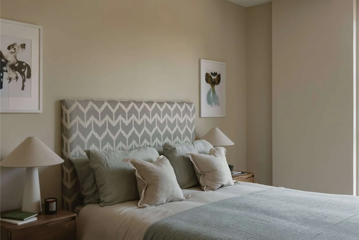 The Langdon 35 Byron Street E14 London Master Bedroom Upholstered Headboard Neutral Tones 2 Bed Apartment