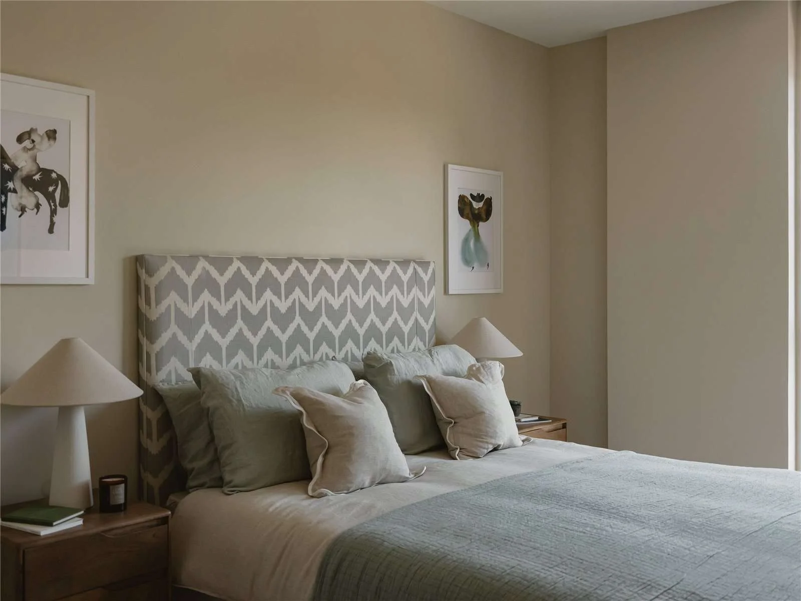 The Langdon 35 Byron Street E14 London Master Bedroom Upholstered Headboard Neutral Tones 2 Bed Apartment