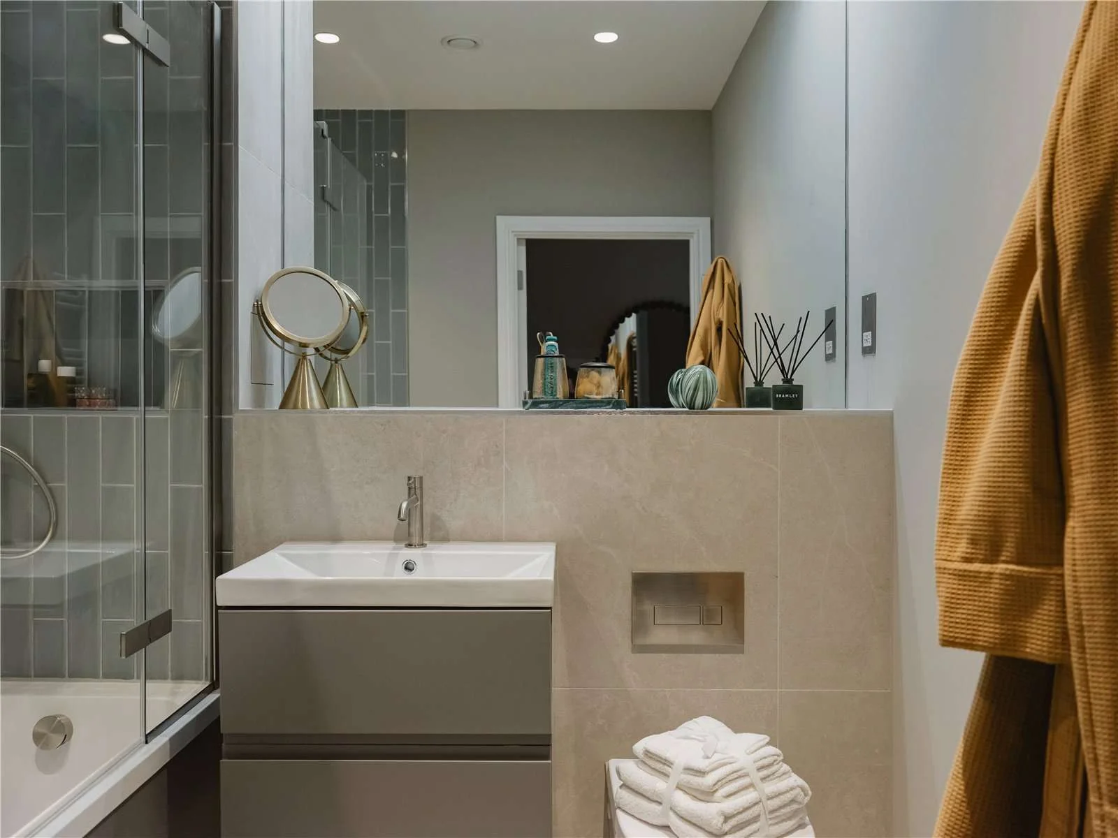 The Langdon Byron Street E14 London Bathroom Shower Vado Fixtures Stone Tiles Apartment