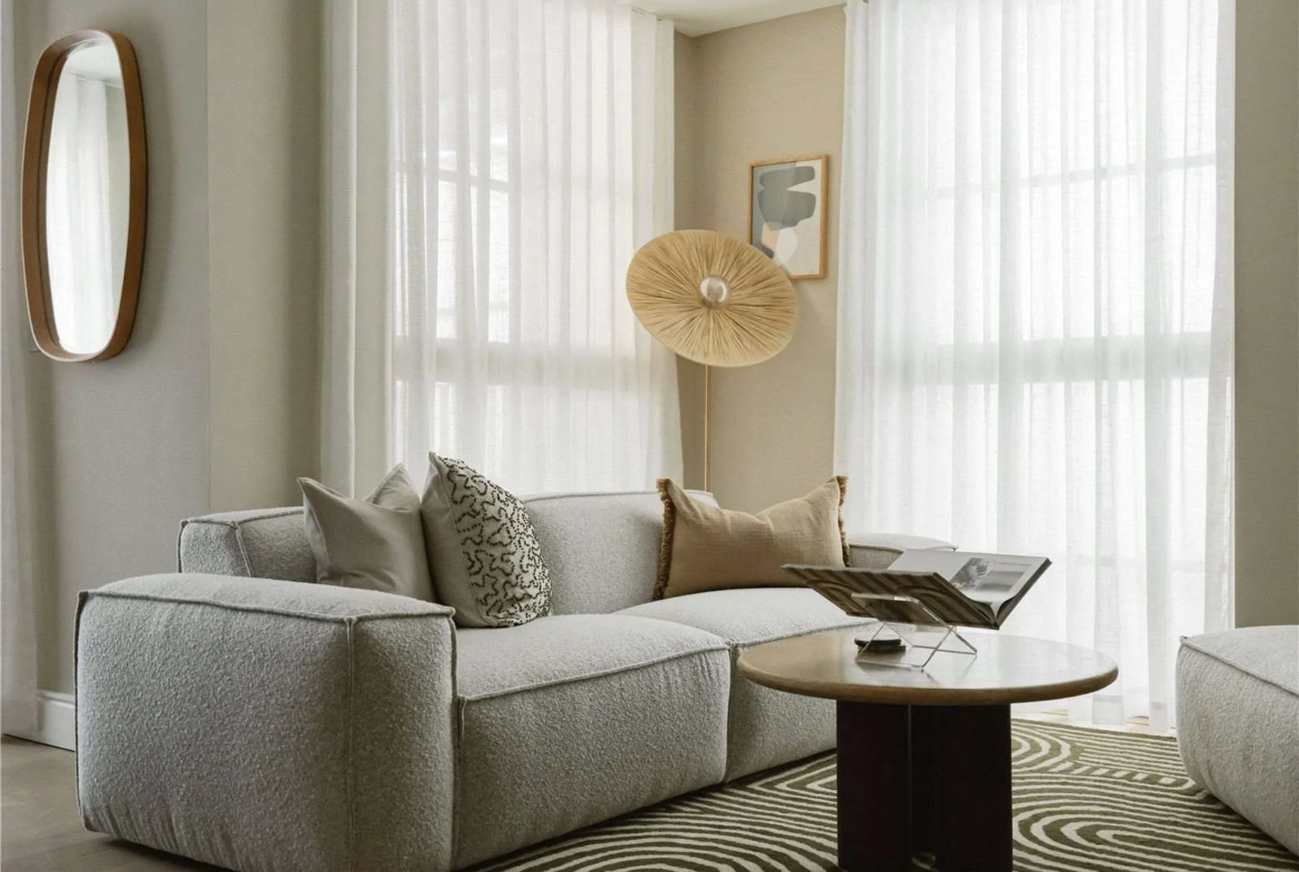 The Langdon Byron Street E14 London Living Room Boucle Sofa Floor To Ceiling Windows Balcony Poplar