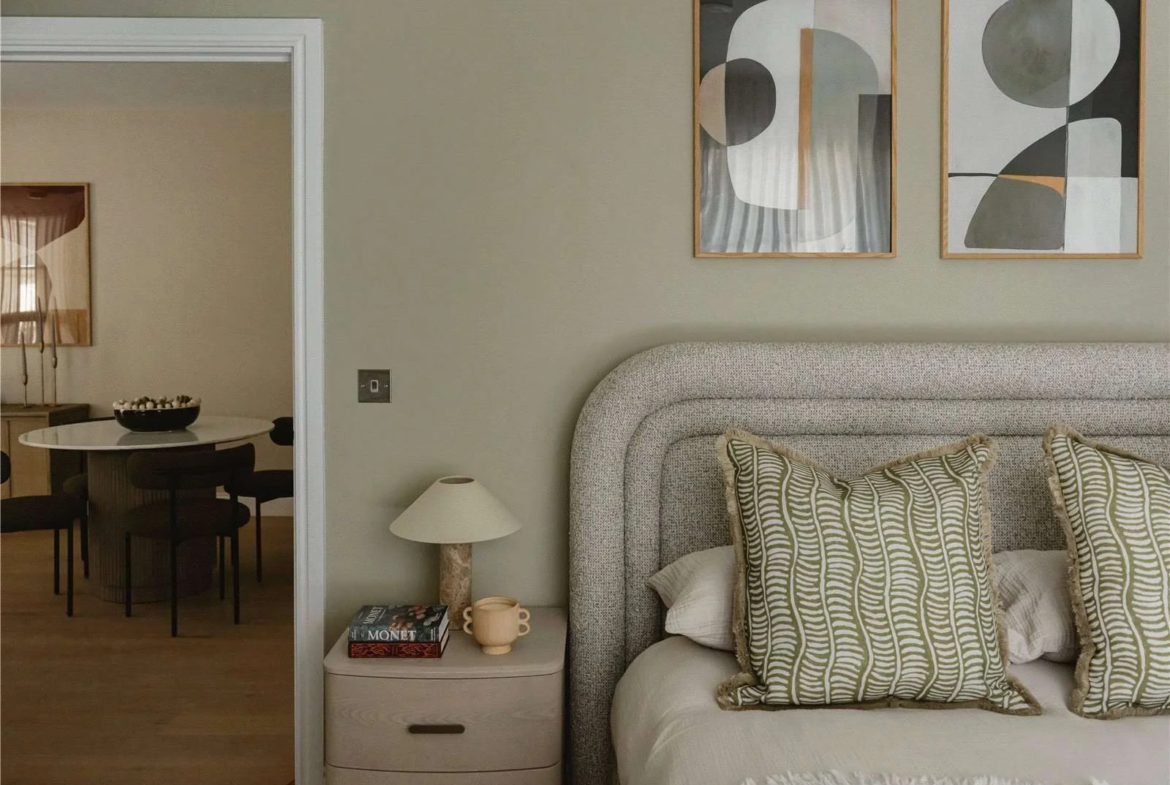 The Langdon Byron Street E14 London Master Bedroom Upholstered Headboard Abstract Art Apartment