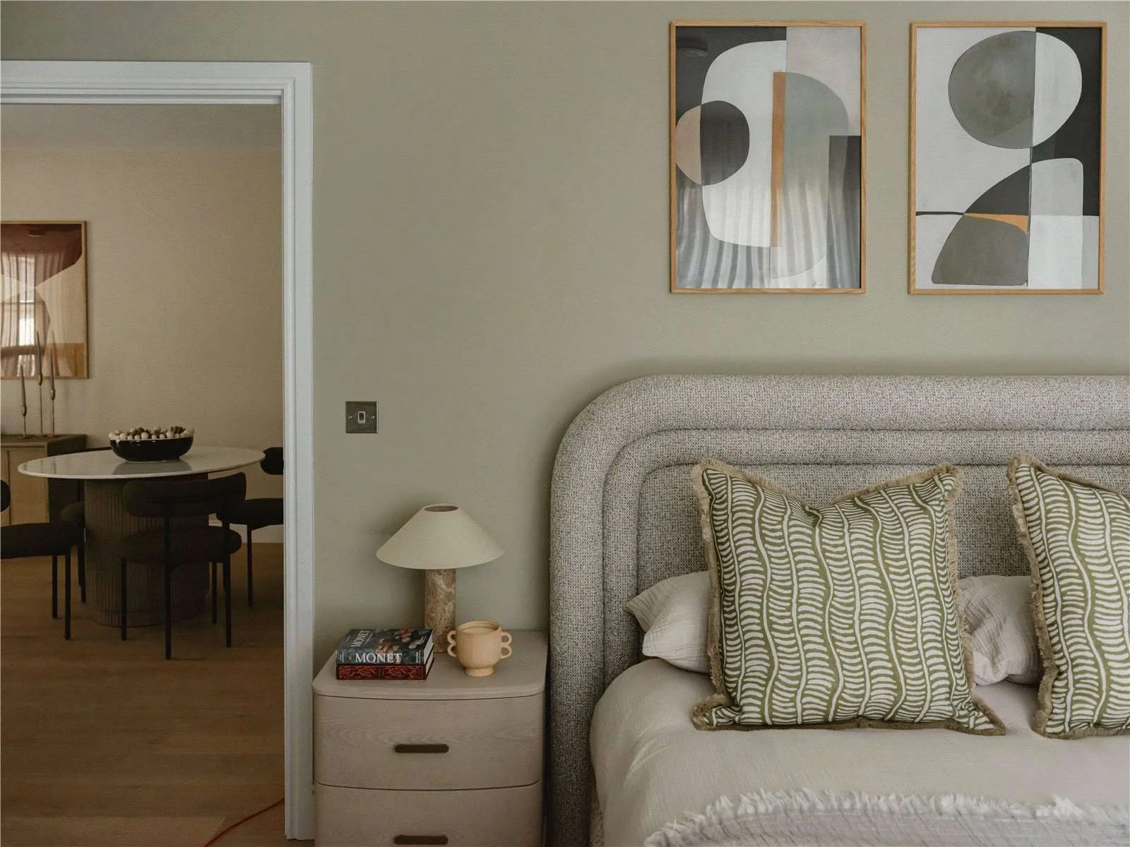 The Langdon Byron Street E14 London Master Bedroom Upholstered Headboard Abstract Art Apartment