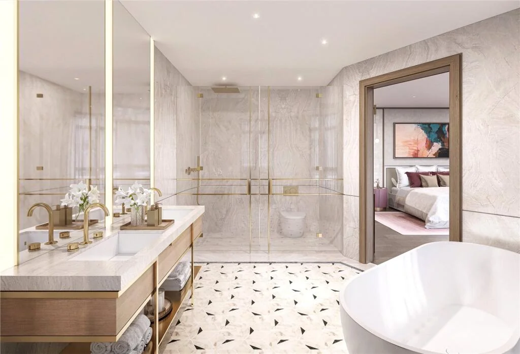 The Lucan Chelsea Luxury Bathroom Marble Gold Freestanding Bath Cgi London