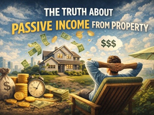 Truth about passive income from property showing house, rental income concept, money flow and investment returns