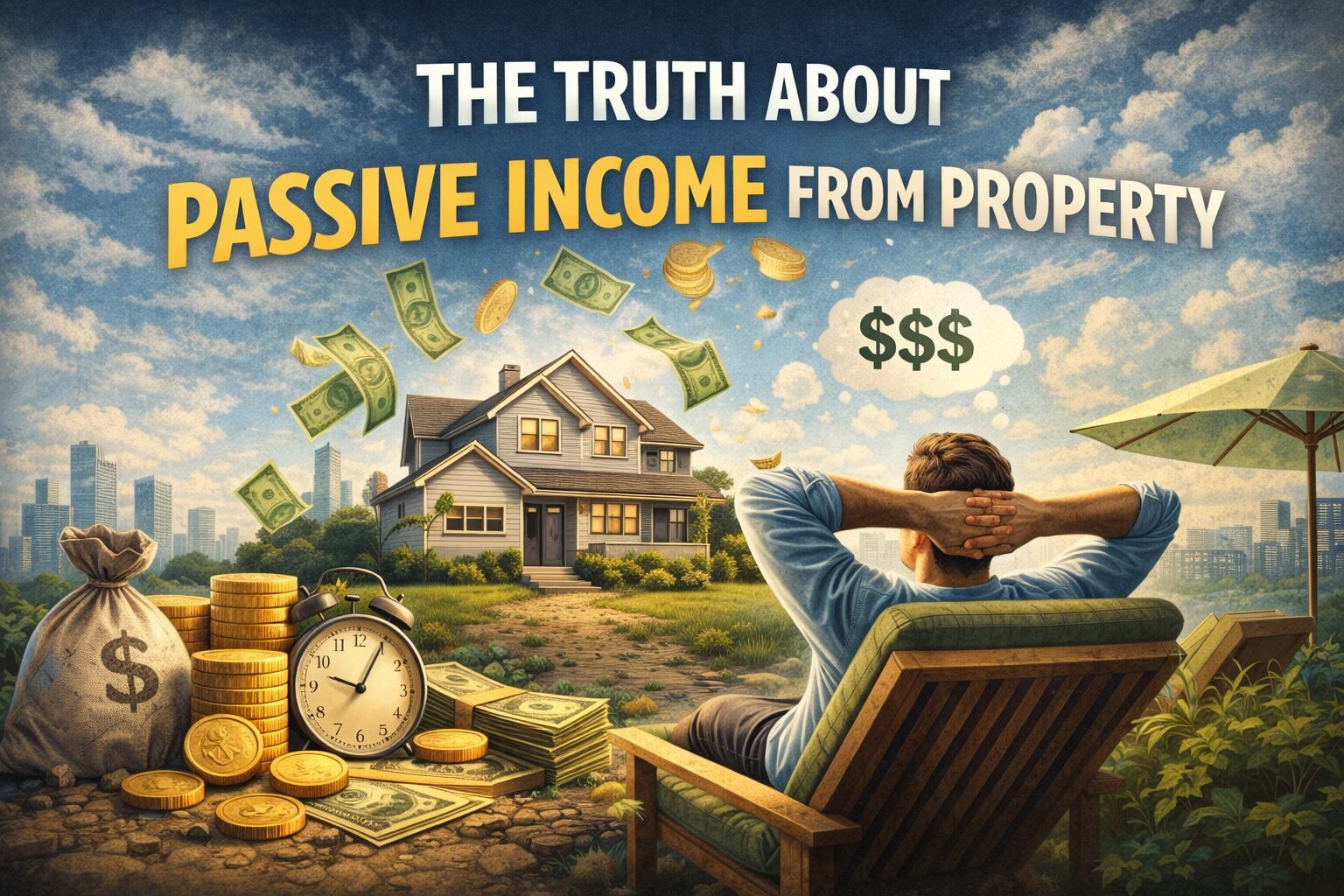 Truth about passive income from property showing house, rental income concept, money flow and investment returns