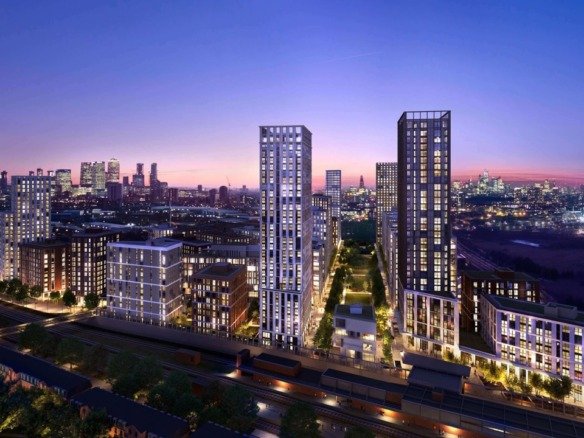 TwelveTrees Park West Ham London modern residential towers with skyline view at sunset new build apartments