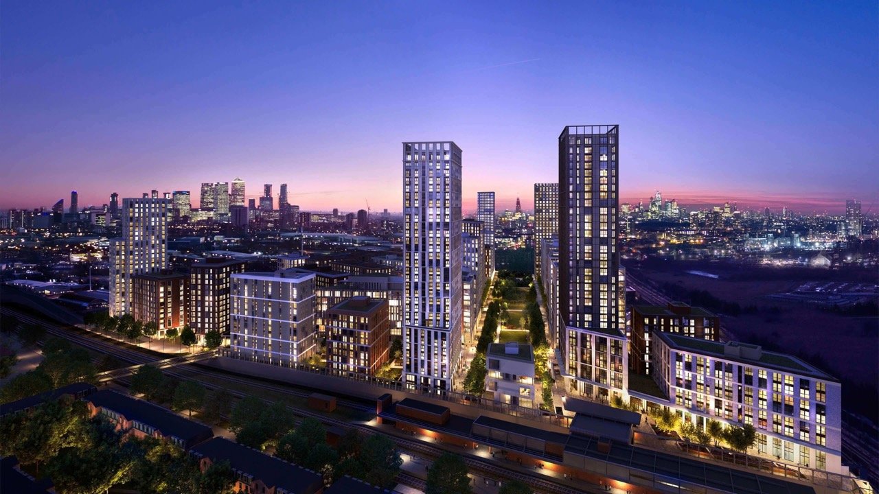 TwelveTrees Park West Ham London modern residential towers with skyline view at sunset new build apartments