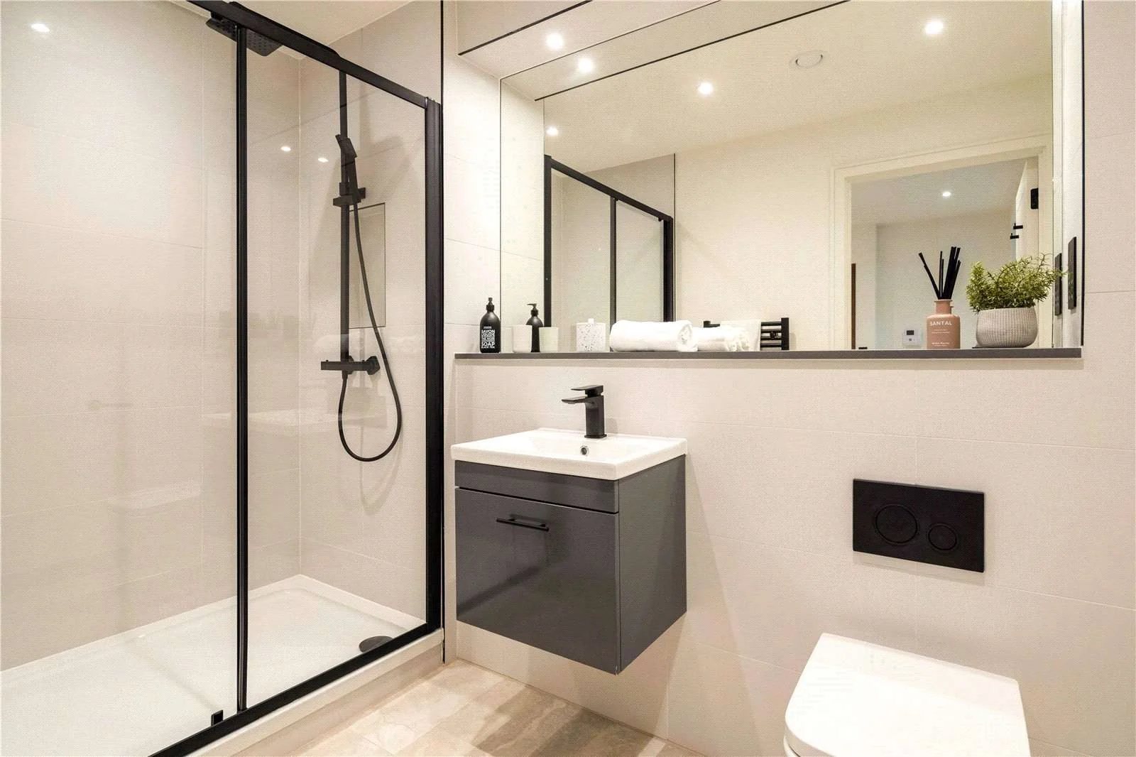 Urban Picturehouse 155 Station Road Sidcup Da15 Bathroom Black Fixtures Walk In Shower Porcelain Tiles Studio Apartment