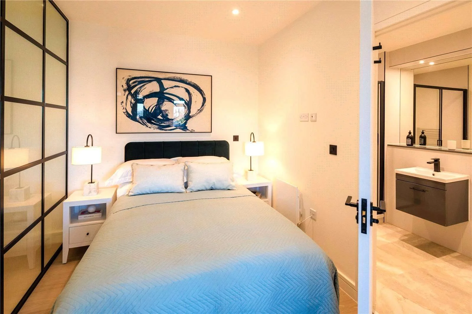 Urban Picturehouse 155 Station Road Sidcup Da15 Sleeping Area Crittall Partition Black Headboard En Suite Studio