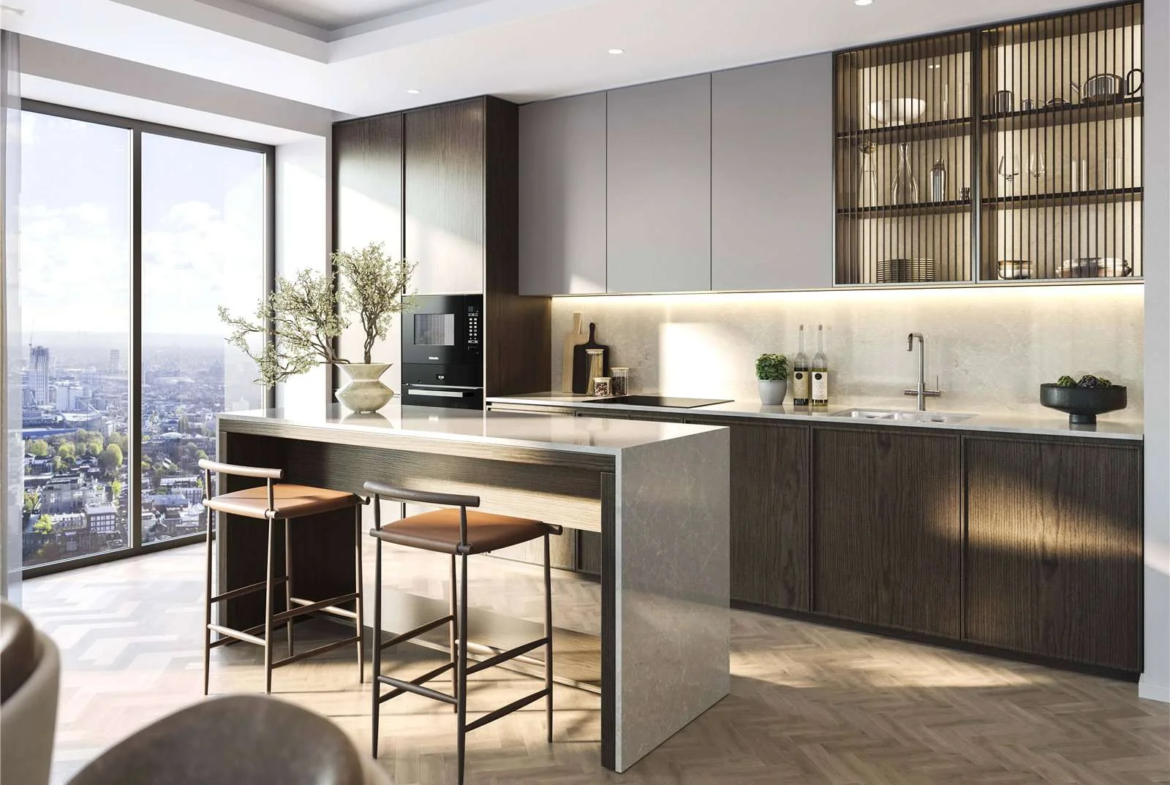 West Kensington W14 100 Kensington The Oria 17th Floor Luxury Apartment Integrated Kitchen Breakfast Bar Stone Countertop ...