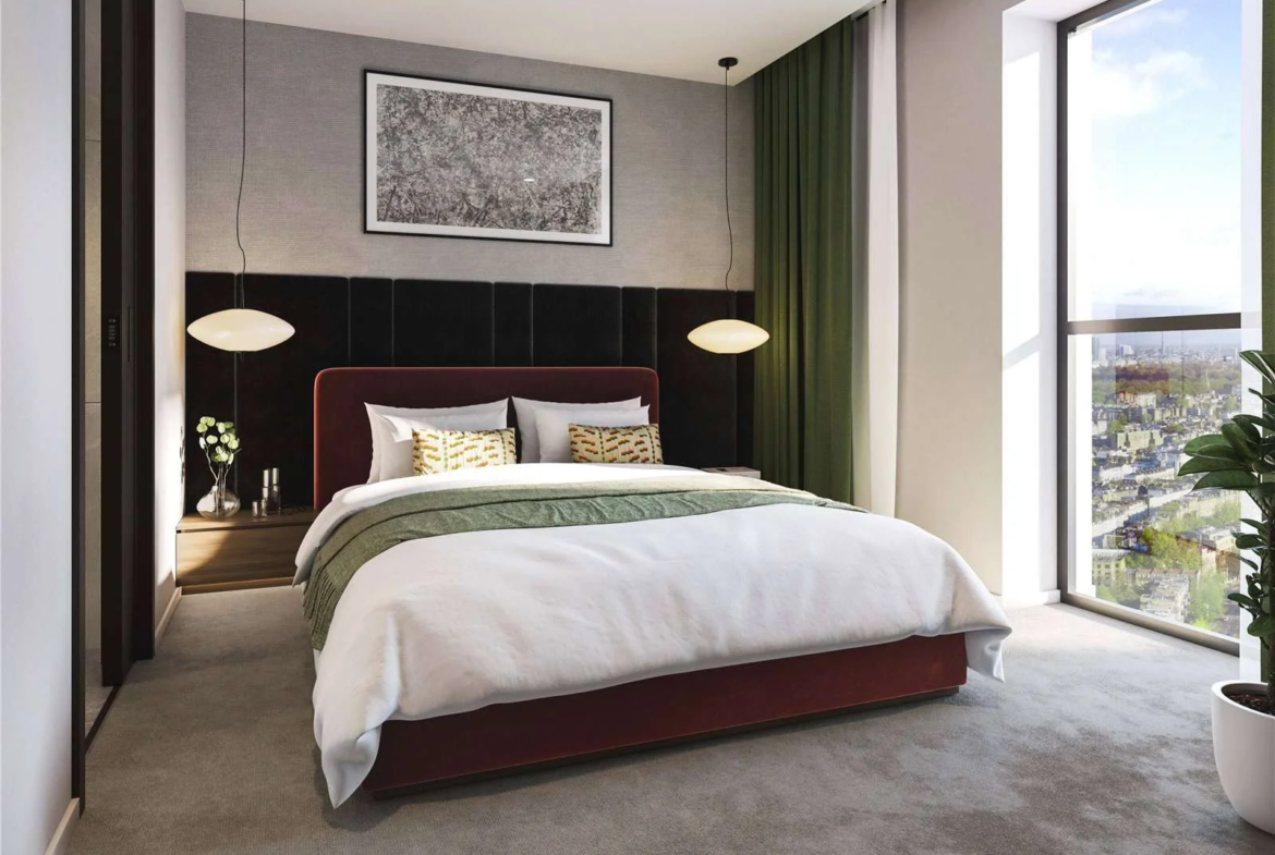 West Kensington W14 100 Kensington The Oria 17th Floor Principal Bedroom Upholstered Headboard Pendant Lights Floor To Cei...