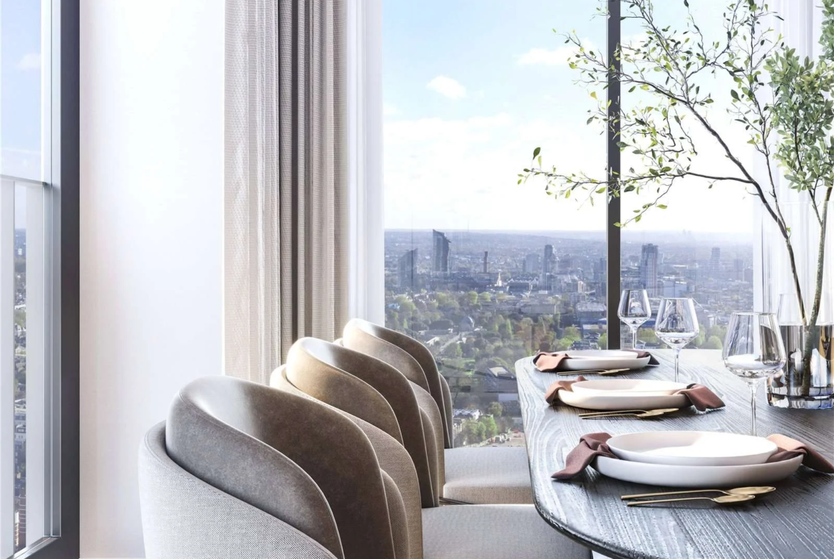 West Kensington W14 100 Kensington The Oria 19th Floor Formal Dining Area City View Oval Table