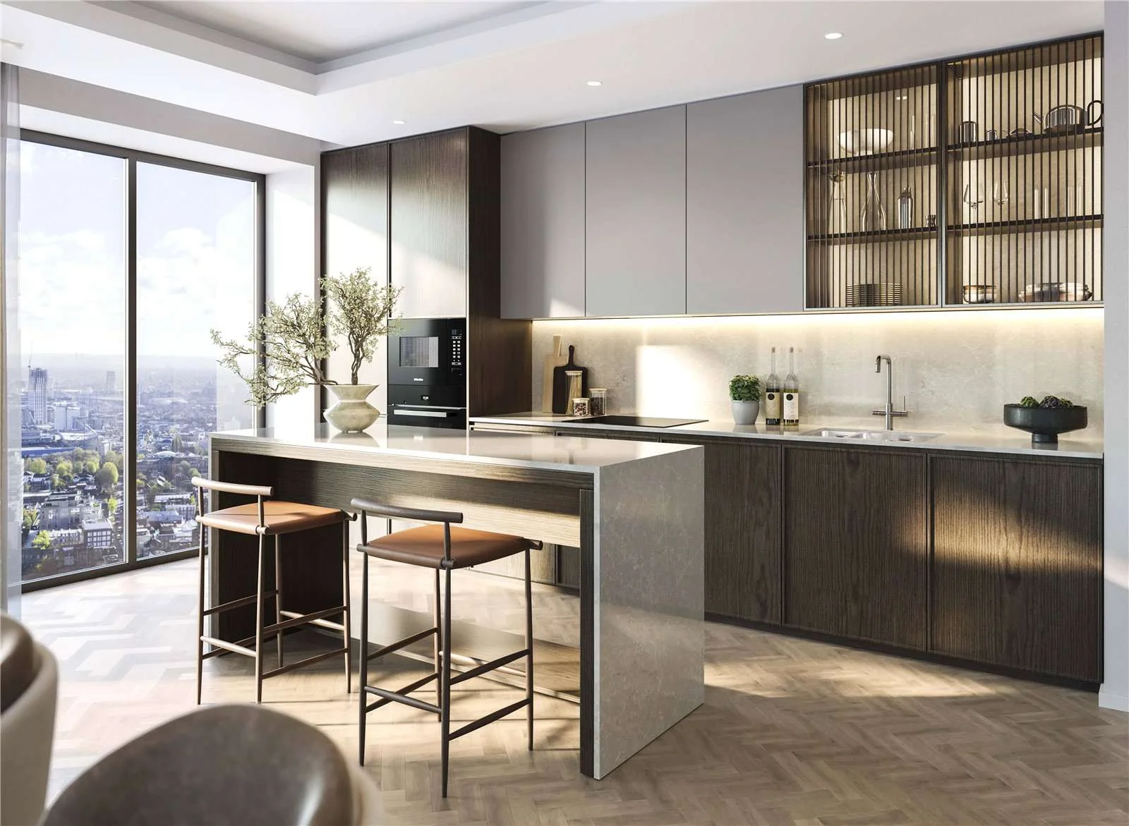 West Kensington W14 100 Kensington The Oria 21st Floor Kitchen Stone Island Breakfast Bar City View