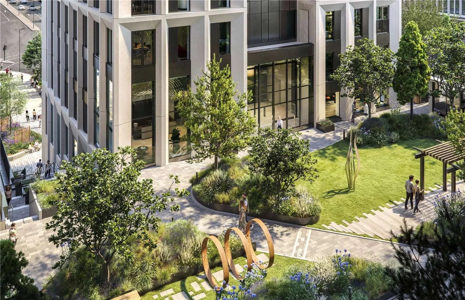 West Kensington W14 100 Kensington The Oria Aerial Birds Eye Landscaped Podium Courtyard Gardens Corten Sculpture Tree Lin...