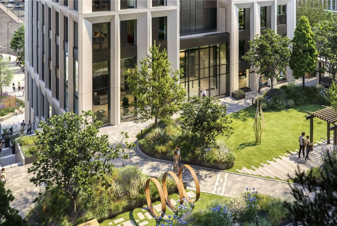 West Kensington W14 100 Kensington The Oria Aerial Courtyard Gardens Corten Sculpture Daytime