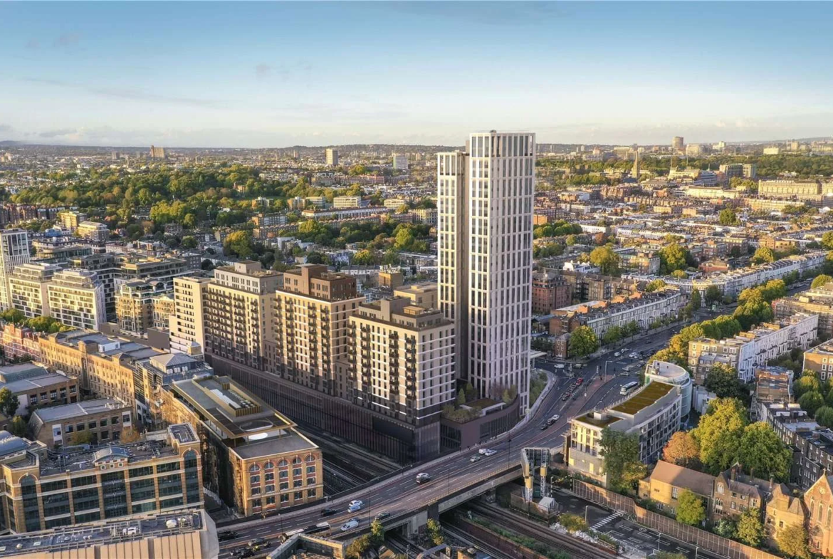 West Kensington W14 100 Kensington The Oria Aerial Exterior Tower West London Sunset Mixed Use Development Cromwell Road