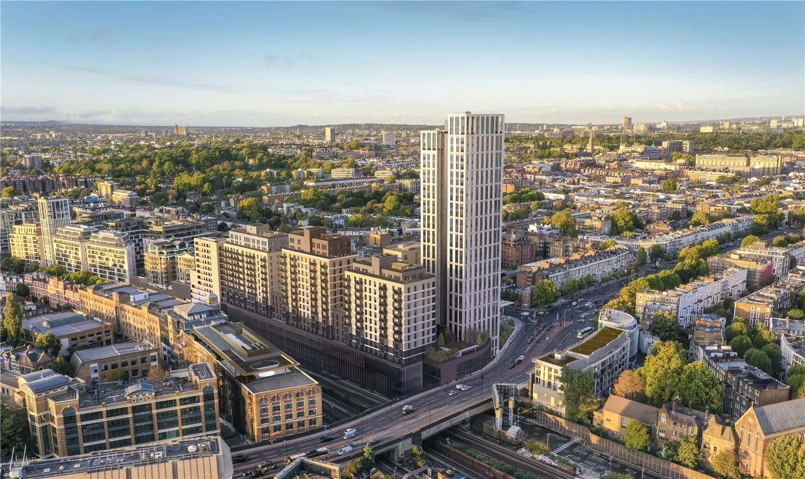 West Kensington W14 100 Kensington The Oria Aerial Exterior View Tower Development London Neighbourhood Skyline