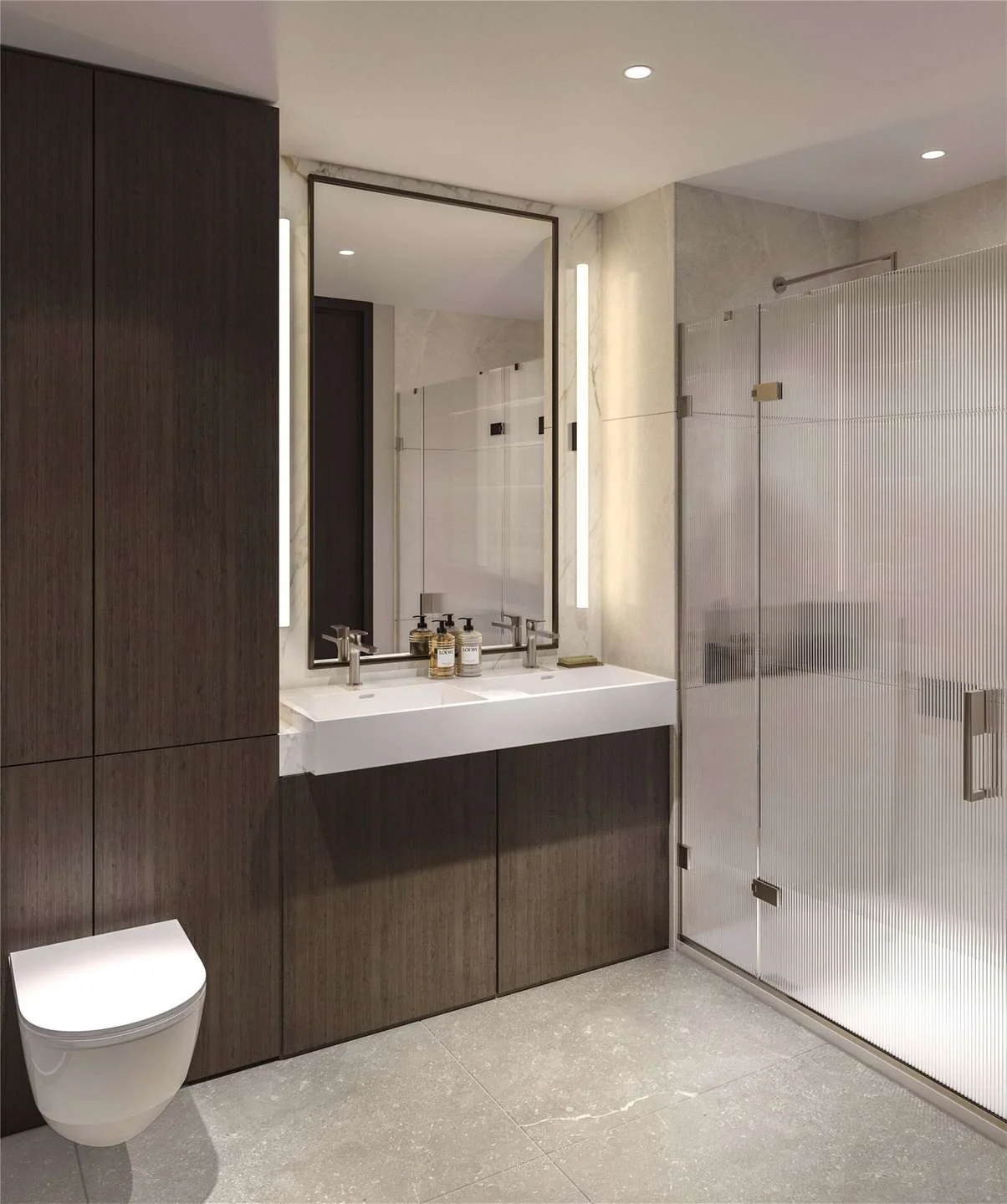 West Kensington W14 100 Kensington The Oria En Suite Shower Room Double Basin Vanity Marble Surround Reeded Glass Shower D...