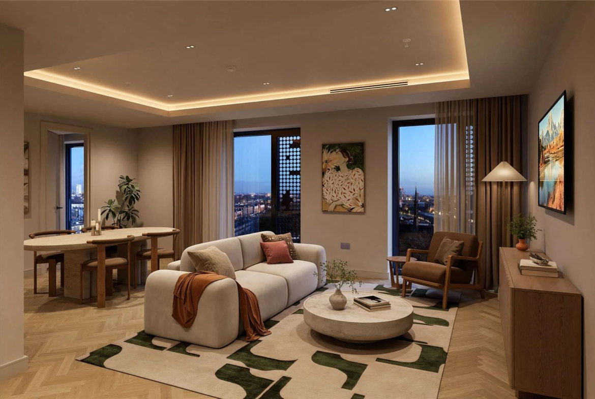 West Kensington W14 100 Kensington The Oria Landscaped Courtyard Gardens Dusk Sculpture Japanese Maple Luxury Residential ...