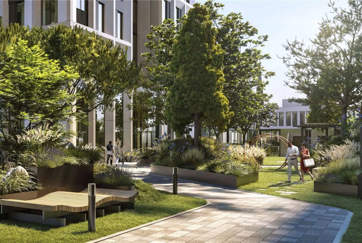 West Kensington W14 100 Kensington The Oria Landscaped Residents Gardens Raised Planters Corten Steel Wooden Deck Daylight...