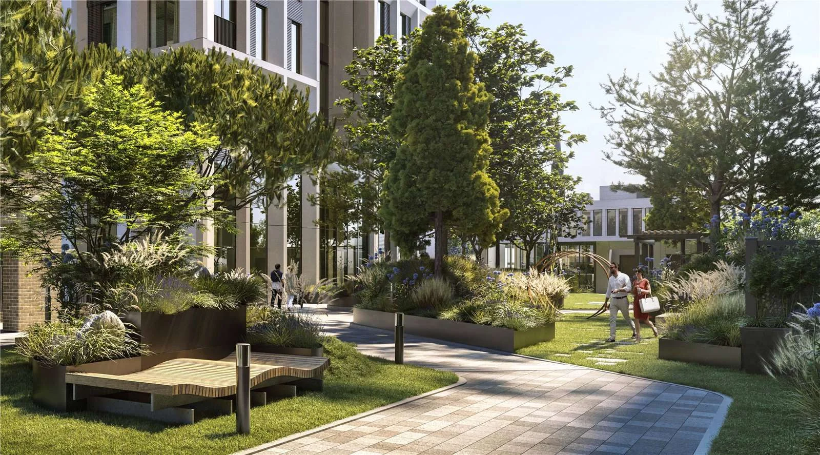 West Kensington W14 100 Kensington The Oria Landscaped Residents Gardens Raised Planters Corten Steel Wooden Deck Daylight...
